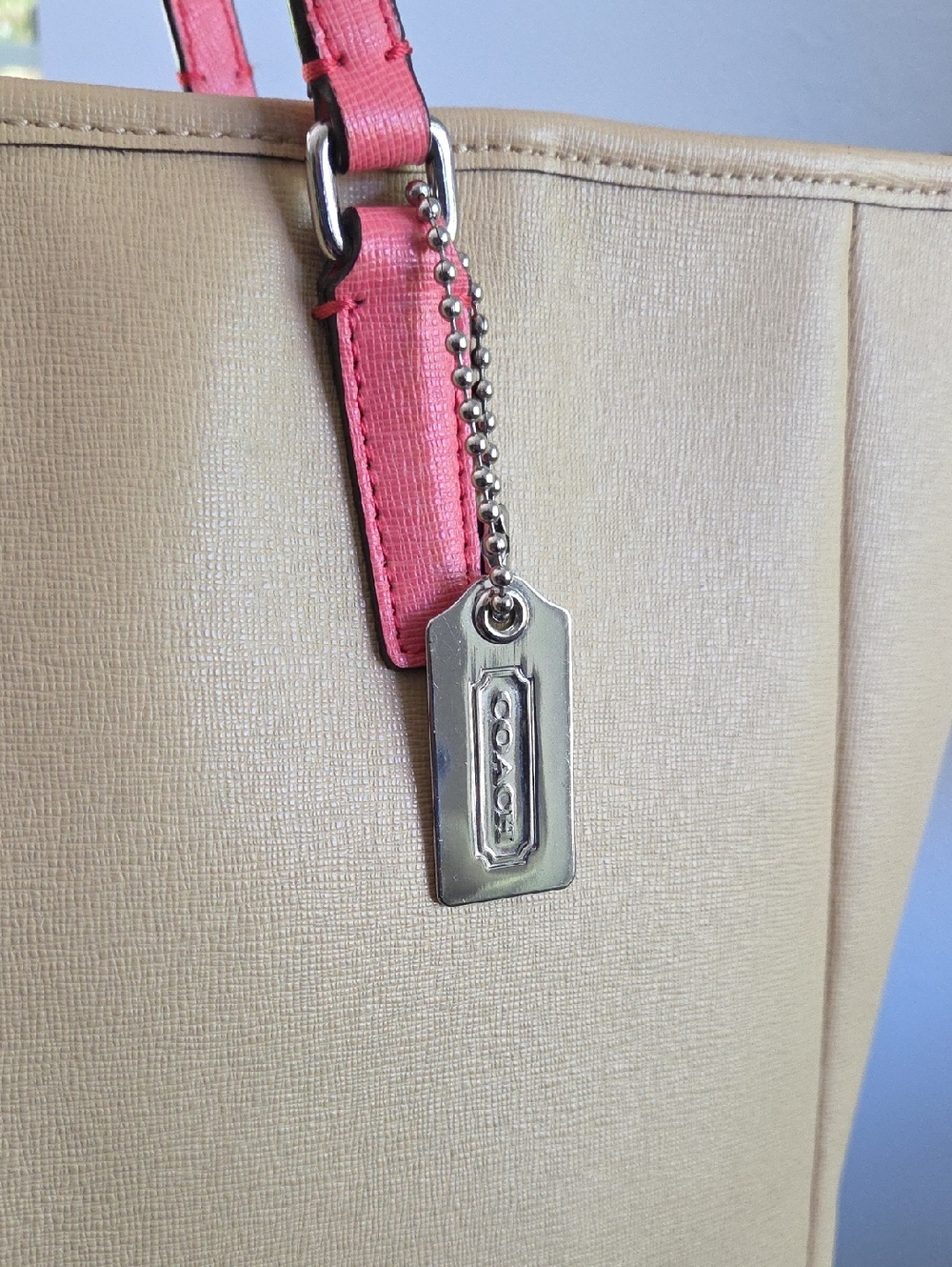 COACH Tan & Coral Pink Saffiano Leather Tote - Picture 3 of 16